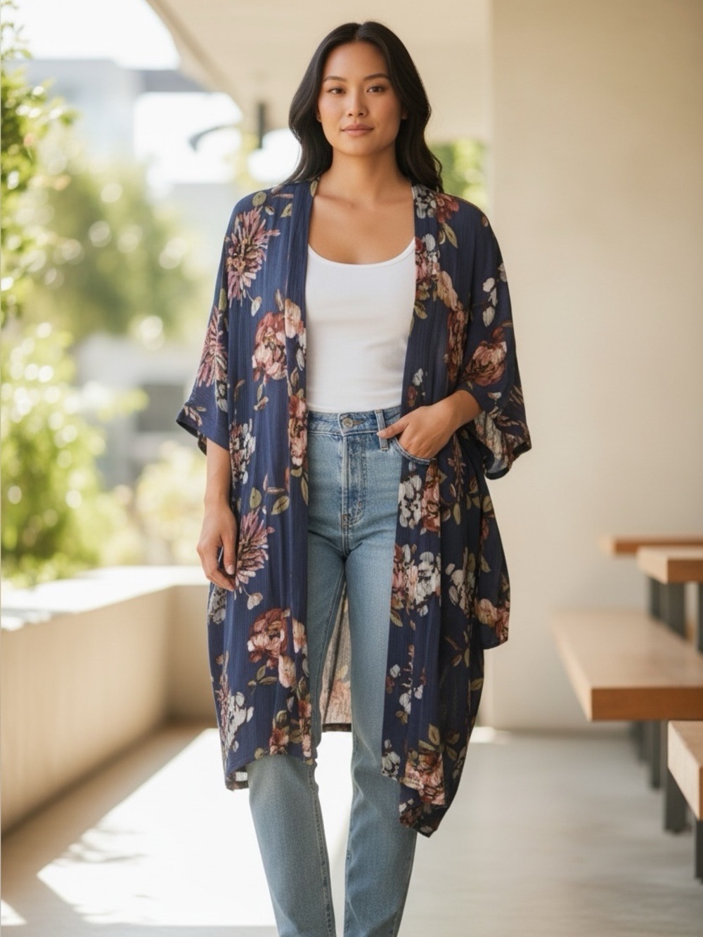 Navy Floral Open-Front Women's kimono Size XL